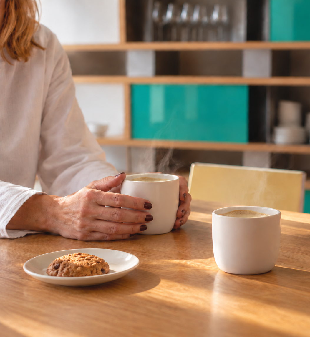Barbara aan tafel met twee kopjes koffie en een koekje, voor een kast met turkooizen deuren